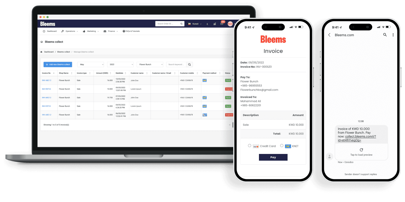 The Bleems Collect dashboard on a laptop, an invoice and a payment-link message on two phones