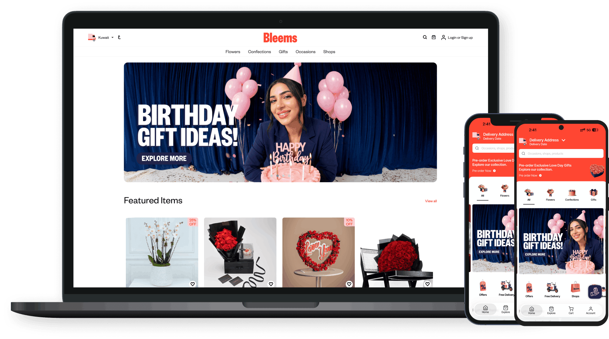 The Bleems website on a laptop and the Bleems app on two phones